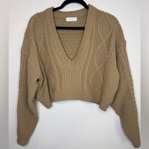 OAK + FORT Cropped V-Neck Cable Knit Sweater Tan size medium
